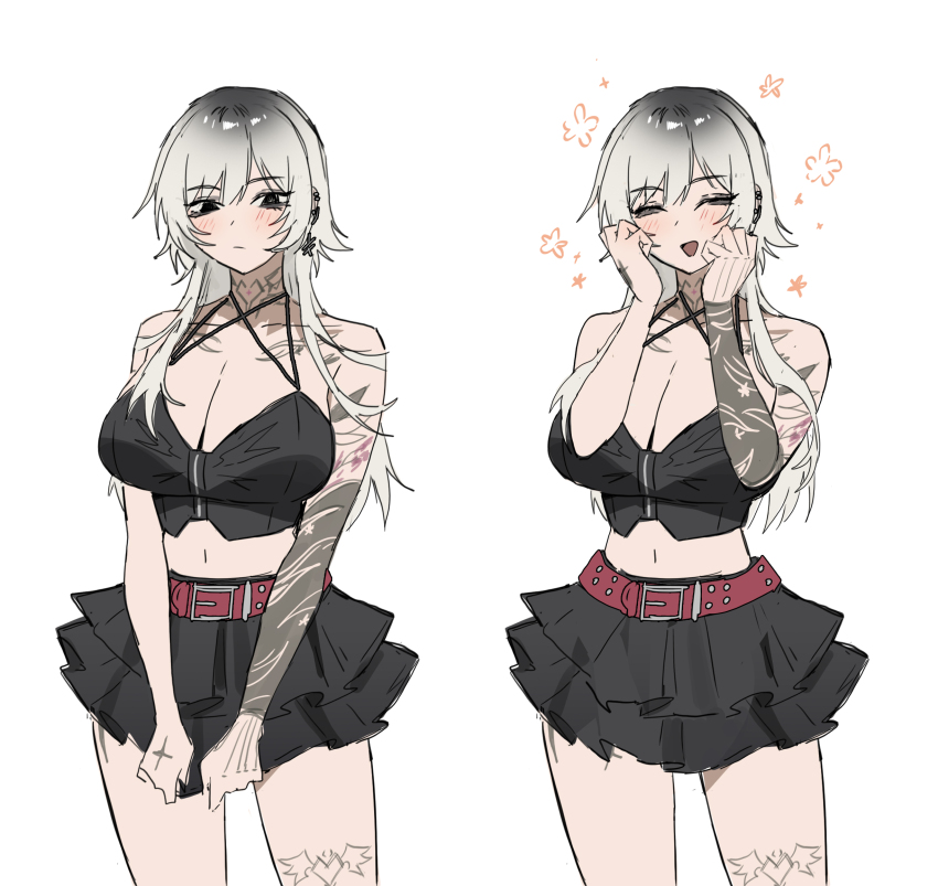 1girl, arm_tattoo, before_and_after, belt, belt_buckle, black_eyes, black_skirt, blush