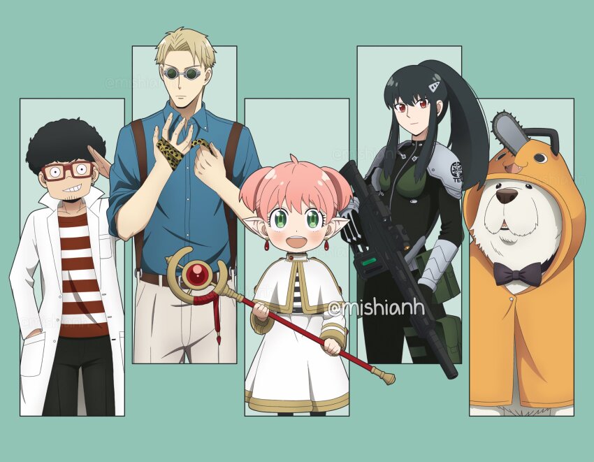 2boys, 2girls, ahoge, animal_hood, anya_(spy_x_family), ashiro_mina, ashiro_mina_(cosplay), bandaged_hand