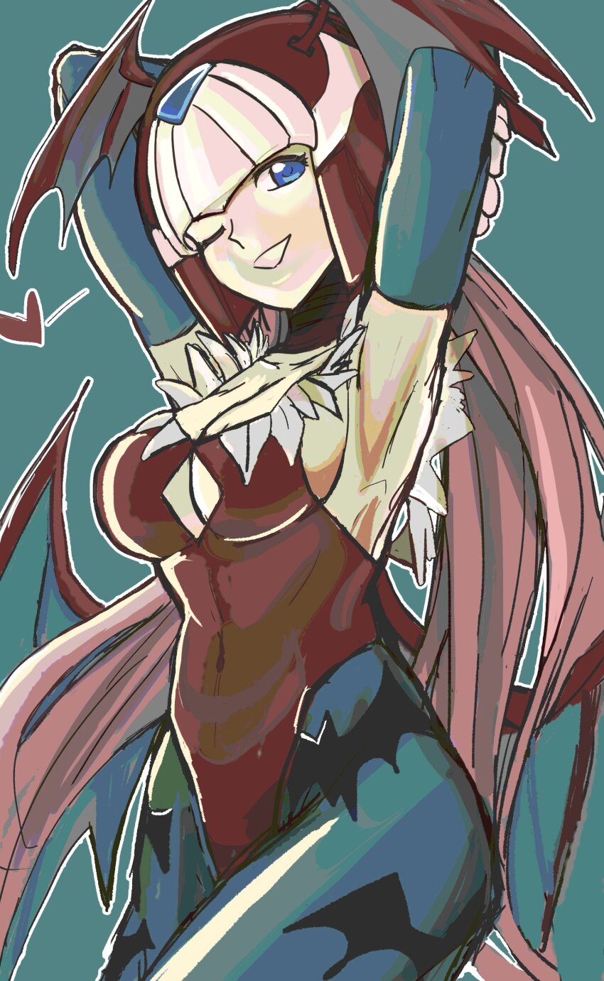 1girl, absurdres, armpits, blue_background, blue_eyes, blue_pantyhose, breasts, capcom, cleavage, collarbone, cosplay, cowboy_shot, darkstalkers, demon_girl, demon_wings, fairy_leviathan_(mega_man), forehead_jewel, head_wings, helmet, highres, leotard, lilith_(darkstalkers), lilith_(darkstalkers)_(cosplay), long_hair, low_wings, medium_breasts, mega_man_(series), mega_man_zero_(series), multiple_wings, one_eye_closed, pantyhose, parted_lips, pink_hair, print_pantyhose, raica_(khongbautroi), red_helmet, red_leotard, simple_background, smile, solo, wings