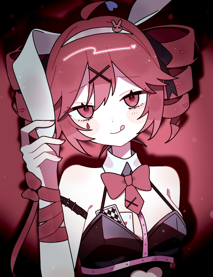 1girl, :q, absurdres, ace_(playing_card), ace_of_hearts, ahoge, animal_ears, arm_ribbon, bare_shoulders, black_hairband, black_leotard, blush_stickers, bow, bowtie, card, closed_mouth, clothing_cutout, commentary_request, detached_collar, double-parted_bangs, drill_hair, facial_mark, hair_ornament, hairband, hand_up, heart, heart_cutout, highres, kasane_teto, leotard, looking_at_viewer, nail_polish, okayu_(okayuyuyu2), playboy_bunny, playing_card, rabbit_ears, rabbit_hole_(vocaloid), red_bow, red_bowtie, red_eyes, red_hair, red_nails, red_ribbon, ribbon, short_hair, smile, solo, strapless, strapless_leotard, teardrop_facial_mark, tongue, tongue_out, twin_drills, upper_body, utau, x_hair_ornament
