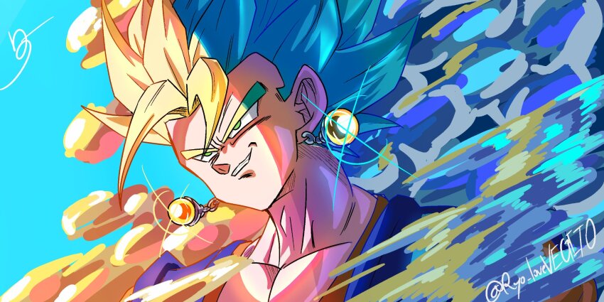 1boy, blonde_hair, blue_background, blue_hair, blue_shirt, dragon_ball, dragon_ball_super, dragonball_z