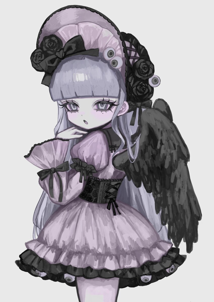1girl, absurdres, black_flower, black_rose, black_wings, blunt_bangs, bonnet, corset
