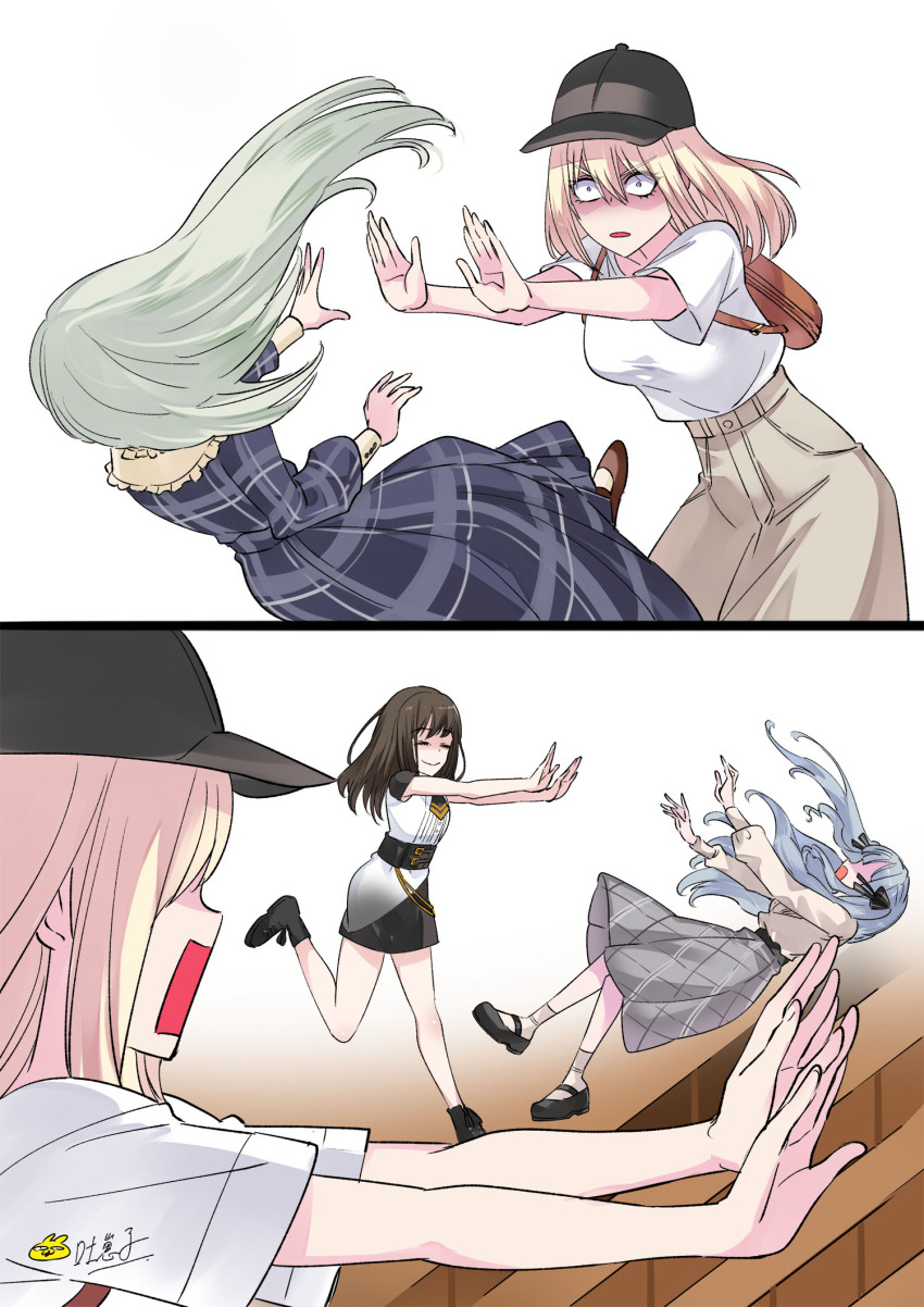 4girls, backpack, bag, bang_dream!, bang_dream!_it's_mygo!!!!!, black_ribbon, blonde_hair, blue_dress