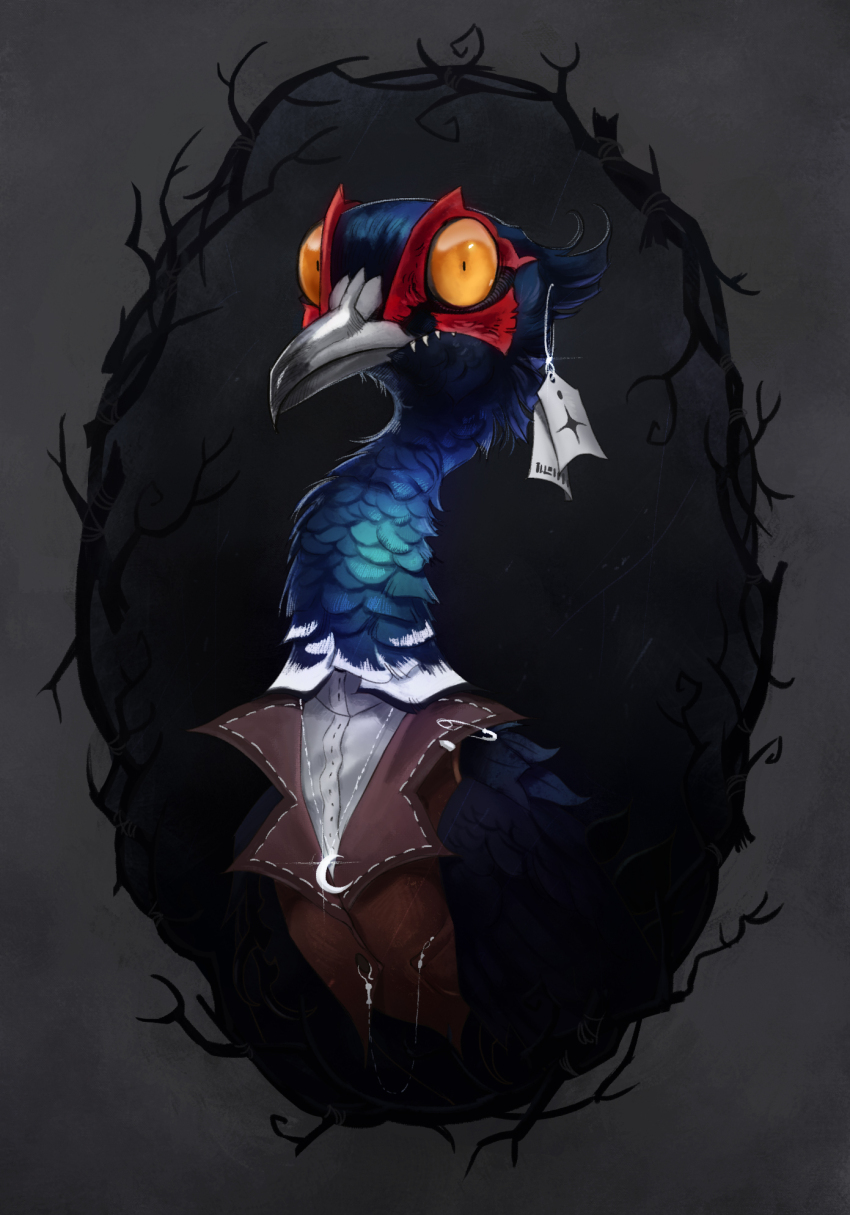 beak, bird, blue_feathers, brown_vest, colored_sclera, feathers, furry, grey_beak