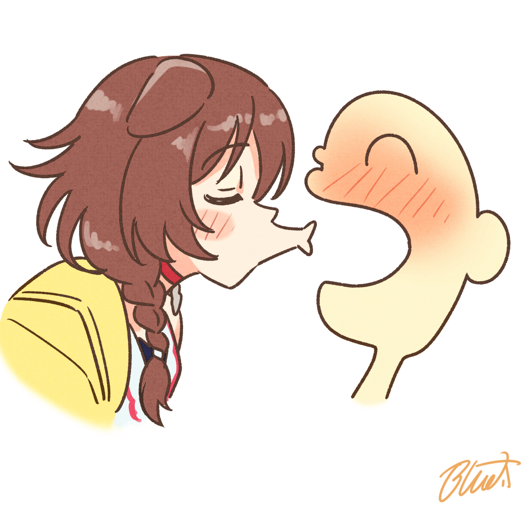 1boy, 1girl, ^_^, animal_ears, blush, braid, brown_hair, brown_tail