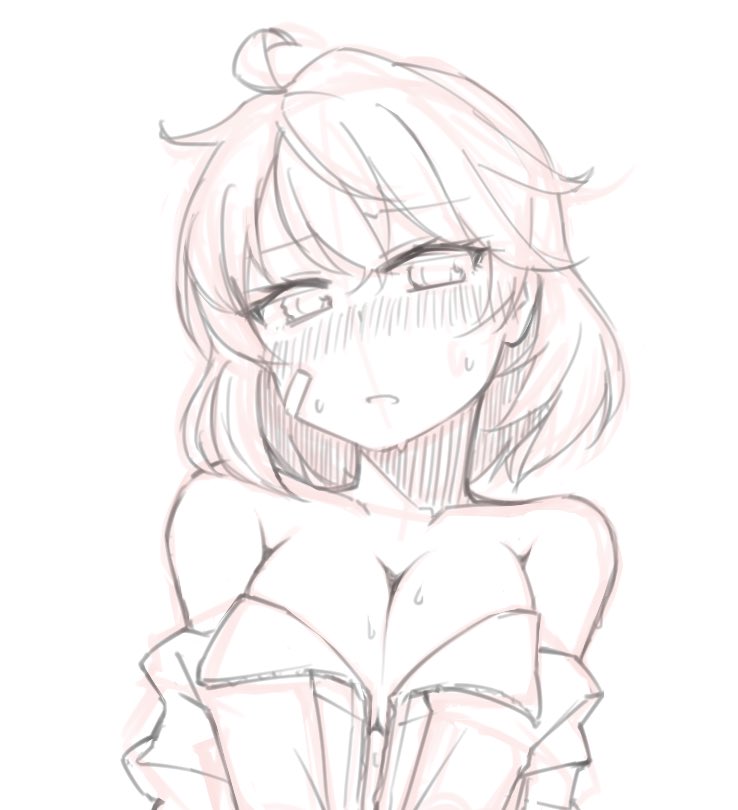 1girl, ahoge, bandaid, bandaid_on_face, blush, breasts, cleavage, commentary