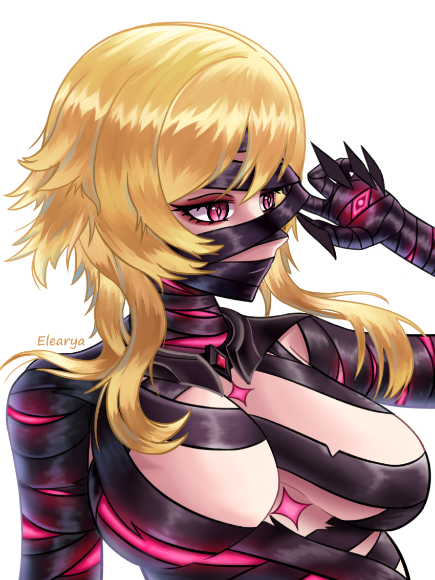 1girl, absurdres, alternate_eye_color, artist_name, bandaged_arm, bandaged_torso, bandages, bandages_over_mouth, black_bandages, blonde_hair, breasts, commentary, cosplay, diamond-shaped_pupils, diamond_(shape), elearya, english_commentary, eyeshadow, genshin_impact, hand_eye, hand_up, highres, large_breasts, lumine_(genshin_impact), makeup, purple_eyes, rerir_(genshin_impact), rerir_(genshin_impact)_(cosplay), short_hair_with_long_locks, simple_background, solo, symbol-shaped_pupils, upper_body, white_background