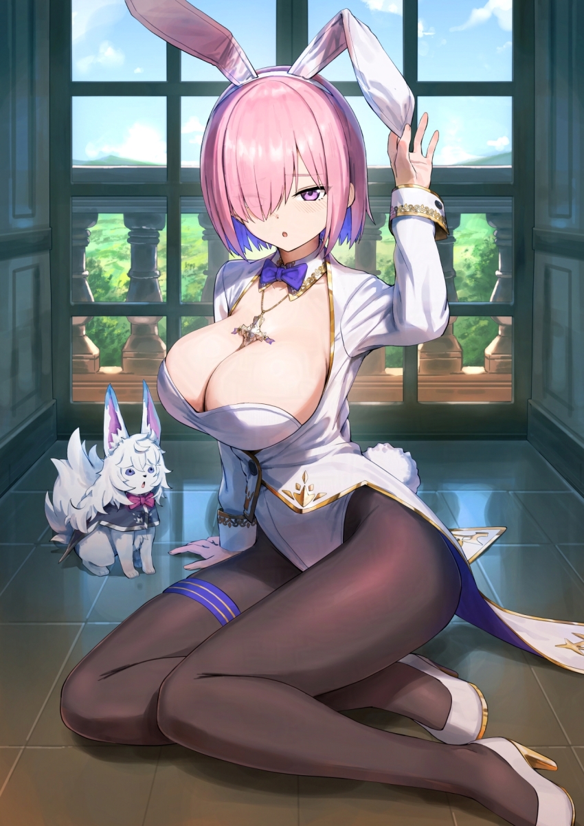 1girl, alternate_costume, animal_ear_hairband, animal_ears, bow, bowtie, breasts, cleavage