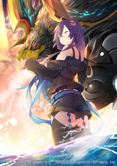 1girl, ahoge, almotaher_(z/x), benio_(dontsugel), bird_monster, black_jacket, black_shorts, black_thighhighs