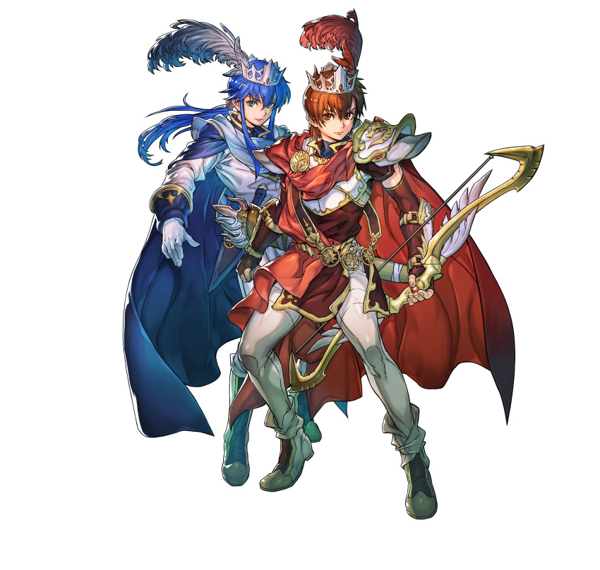 2boys, absurdres, armor, blue_cape, blue_eyes, blue_hair, bow_(weapon), breastplate