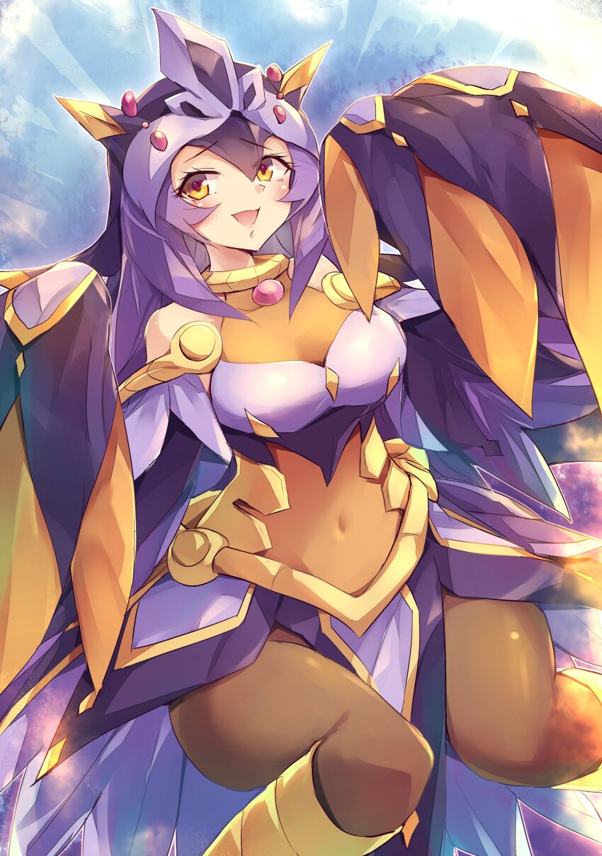 1girl, absurdres, bird_girl, bird_wings, blush, breasts, detached_sleeves, duel_monster, feathered_wings, feathers, hair_between_eyes, hair_ornament, highres, kanzakietc, long_hair, lyrilusc_-_promenade_thrush, medium_breasts, navel, open_mouth, orange_feathers, purple_feathers, purple_hair, smile, solo, wings, yellow_eyes, yu-gi-oh!