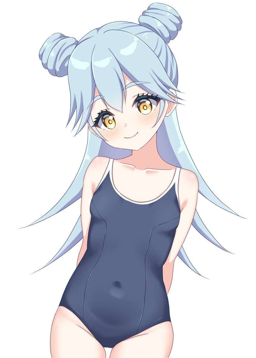 1girl, absurdres, aqua_hair, arms_behind_back, breasts, closed_mouth, cool_squid398, covered_navel