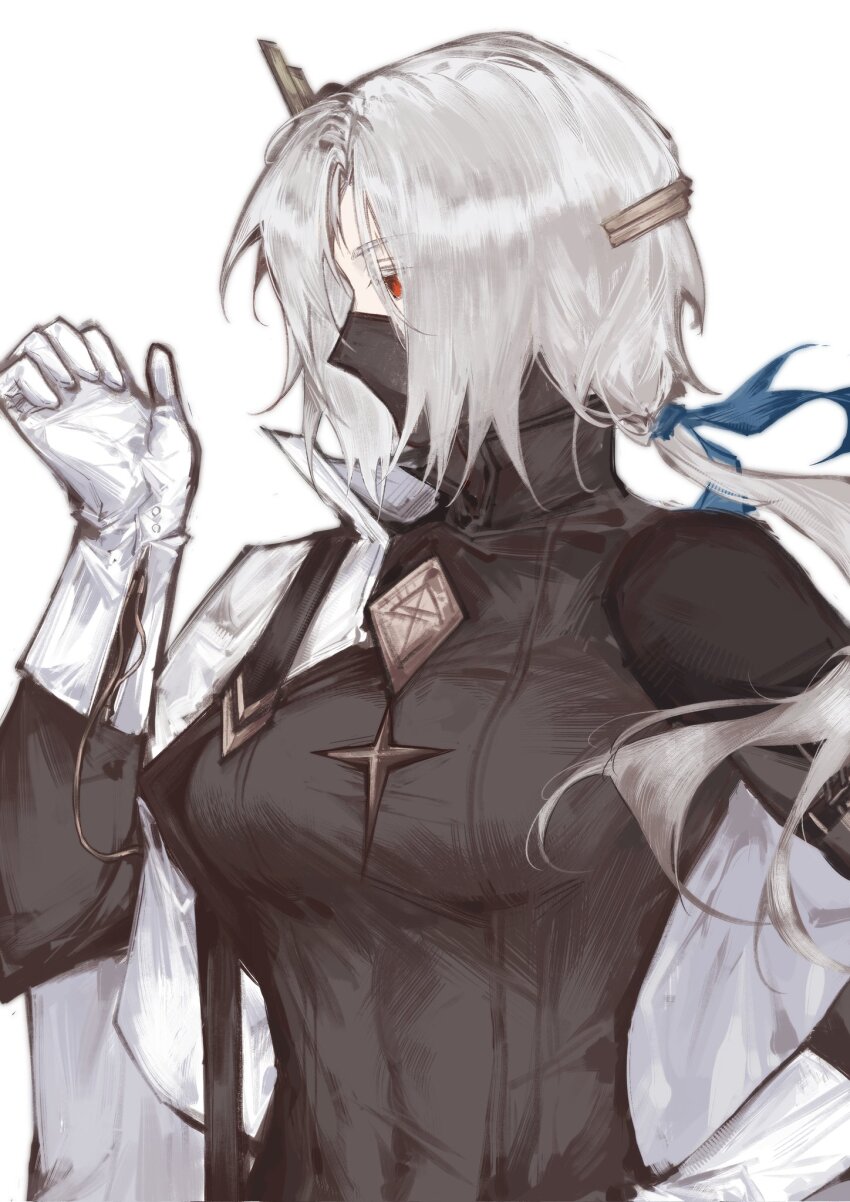 1girl, arknights, black_shirt, breasts, coat, commentary, covered_mouth, genderswap, genderswap_(mtf), gloves, haishen_miwang_de_jiyi, highres, looking_to_the_side, mask, medium_breasts, mouth_mask, ninja_mask, missing_headwear, red_eyes, shirt, simple_background, skin_tight, solo, untranslatable_commentary, ulpianus_(arknights), ulpianus_(staring_into_the_abyss)_(arknights), upper_body, white_background, white_coat, white_gloves, white_hair