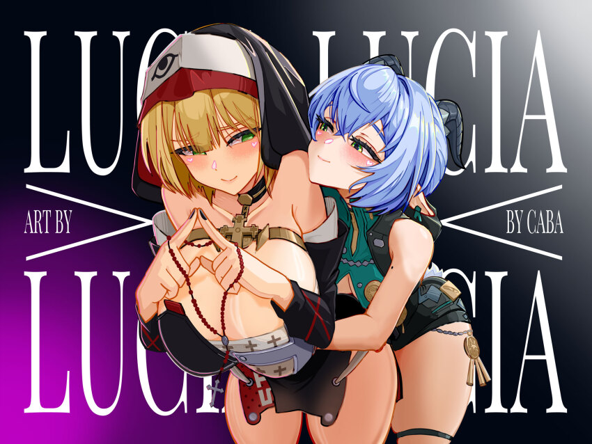 2girls, black_dress, black_horns, black_veil, blue_hair, breasts, carlos_cabs, dress, green_eyes, highres, holding_rosary, horns, hug, hug_from_behind, huge_breasts, looking_at_another, lucia_elowen, multiple_girls, nun, pointy_ears, prototype_design, short_dress, simple_background, smile, text_background, veil, yidhari_murphy, yuri, zenless_zone_zero