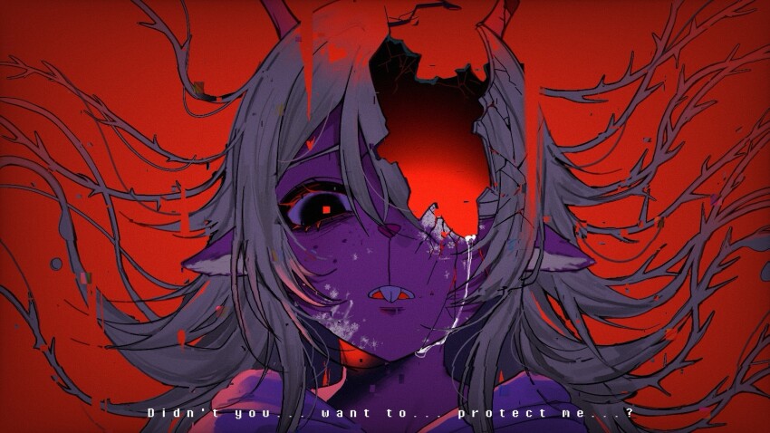 1girl, animal_ears, black_eyes, blonde_hair, blood, commentary, cracked_skin, crumbling