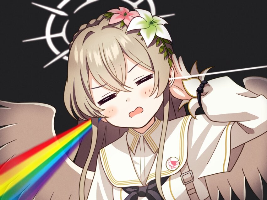 1girl, black_background, black_neckerchief, blue_archive, brown_hair, closed_eyes, dark_side_of_the_moon, flower, gesupi_(provlemsolver57), gloves, hair_flower, hair_ornament, halo, highres, layered_sleeves, long_hair, long_sleeves, nagisa_(blue_archive), neckerchief, open_mouth, pink_floyd, pink_gloves, rainbow, rainbow_refraction, short_over_long_sleeves, short_sleeves, simple_background, solo, upper_body, white_flower, white_halo, white_wings, wings