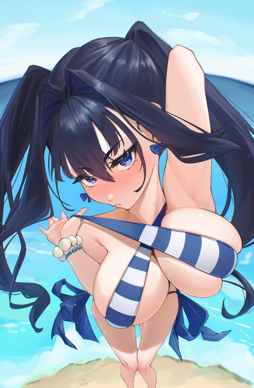 1girl, absurdres, armpits, bare_shoulders, bikini, blue_bikini, blue_eyes, blue_hair, blush, bow, bow_earrings, breasts, cleavage, commentary, cosplay, criss-cross_halter, earrings, eipanguino, english_commentary, fate/extra, fate/extra_ccc, fate/grand_order, fate_(series), hair_intakes, halterneck, highres, hololive, hololive_english, jewelry, large_breasts, long_hair, looking_at_viewer, nero_claudius_(fate), nero_claudius_(fate)_(cosplay), nero_claudius_(fate/extra), nero_claudius_(swimsuit_caster)_(fate), nero_claudius_(swimsuit_caster)_(fate)_(cosplay), ocean, ouro_kronii, ribbon, ribbon_earrings, side-tie_bikini_bottom, sky, solo, striped_bikini, striped_clothes, swimsuit, twintails, virtual_youtuber, water