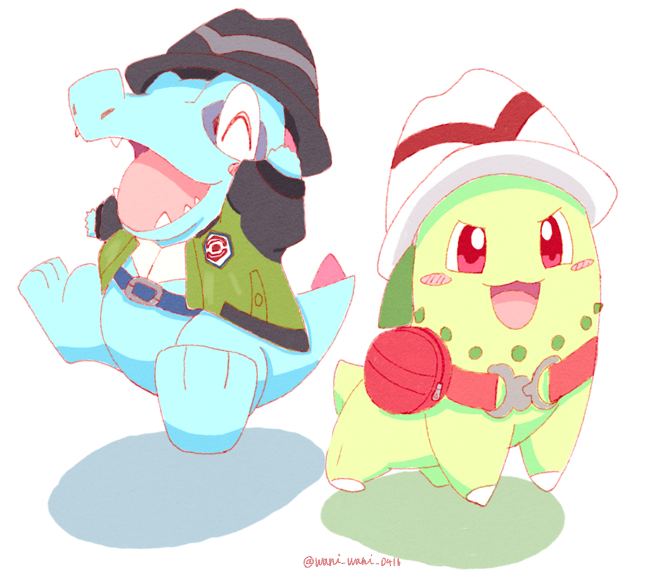 blush, blush_stickers, chikorita, closed_eyes, clothed_pokemon, cosplay, fangs, gen_2_pokemon