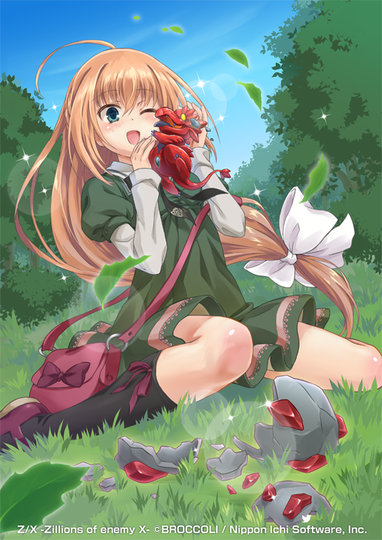 1girl, ahoge, bag, black_socks, blue_sky, bow, broken_egg, brown_hair