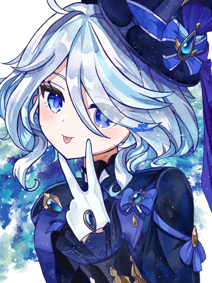 1girl, :p, ahoge, blue_bow, blue_eyes, blue_gem, blue_hair, blue_hat