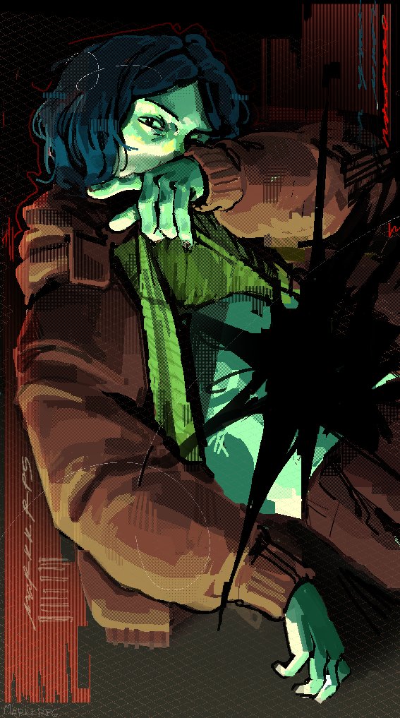 1boy, black_eyes, blue_hair, brown_jacket, clothes_lift, coat_guy_(no_i'm_not_a_human), colored_skin, convenient_censoring