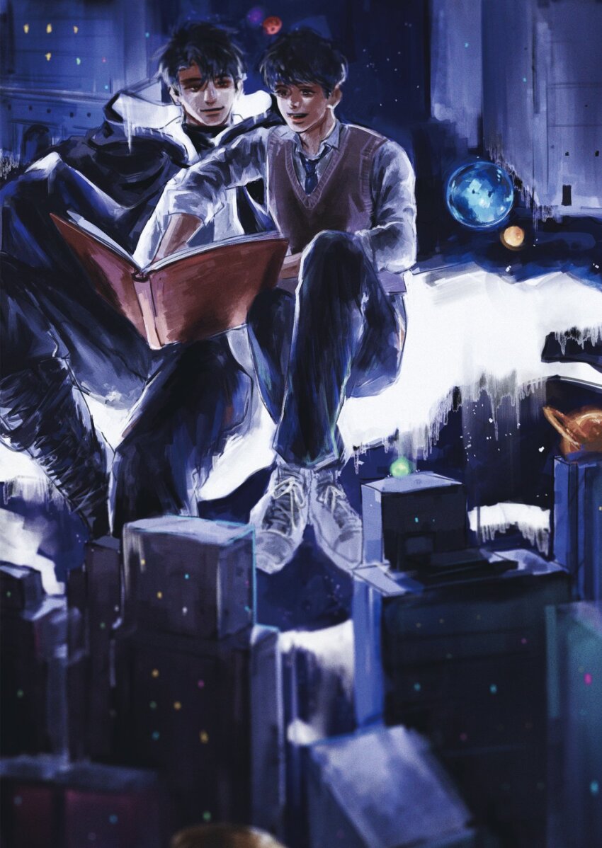 2boys, awl_inthe_world, black_eyes, black_hair, black_necktie, book, brown_vest, city