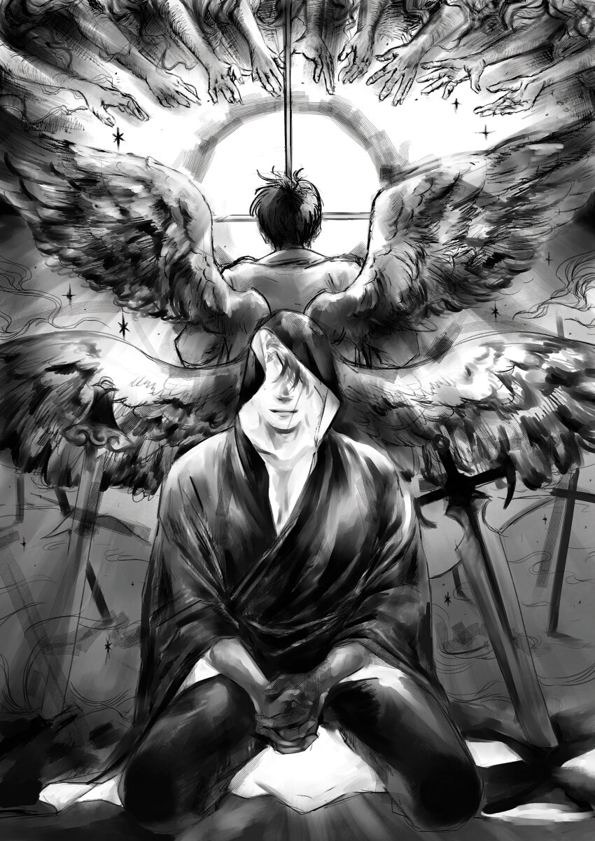 2boys, 6+others, absurdres, awl_inthe_world, back-to-back, black_hair, black_wings, cloak