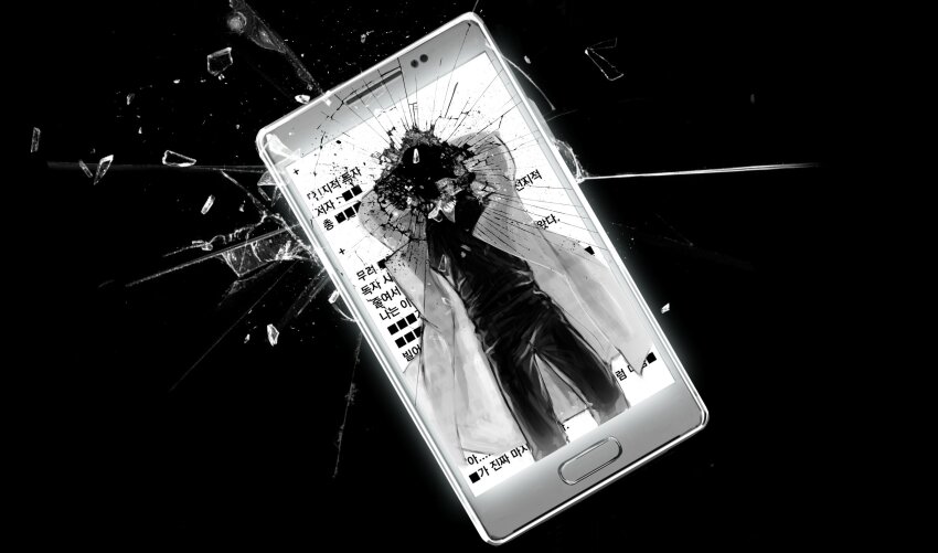 1boy, awl_inthe_world, black_vest, broken_glass, broken_phone, censored, censored_identity, coat, feet_out_of_frame, glass, greyscale, highres, hole, korean_text, male_focus, monochrome, object_focus, omniscient_reader's_viewpoint, open_clothes, open_coat, phone, popped_collar, solo, vest, white_coat, yoo_joonghyuk