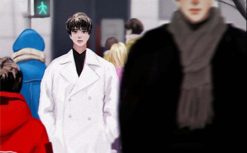 2boys, 5others, awl_inthe_world, black_eyes, black_hair, black_shirt, blurry, blurry_foreground