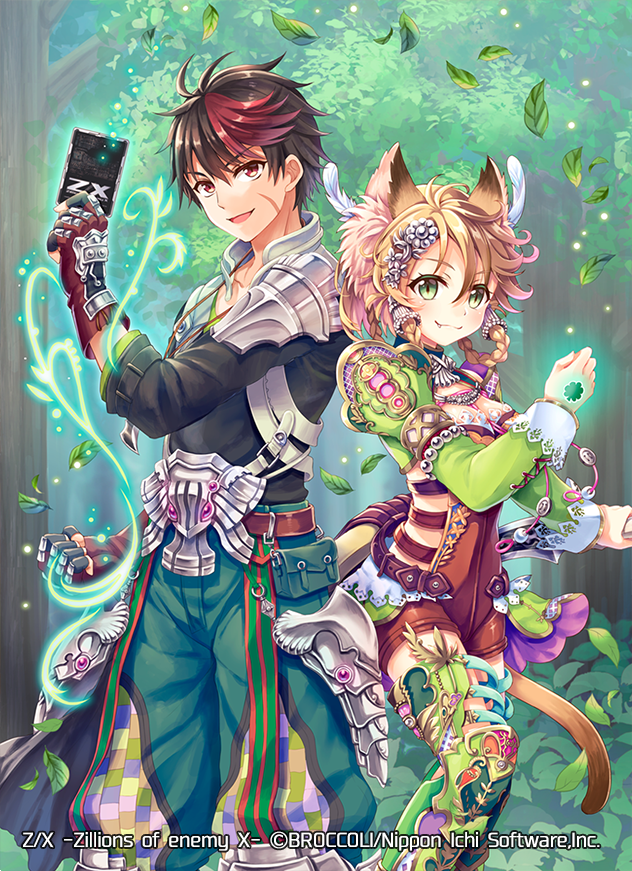 1boy, 1girl, :3, animal_ears, black_hair, braid, breasts, brown_hair, brown_tail, camera, cat_ears, cat_girl, cat_tail, cleavage, closed_mouth, copyright_notice, fang, feather_hair_ornament, feathers, feuille_(z/x), forest, gloves, green_eyes, hair_ornament, holding, holding_camera, kenbuchi_souma, leaf, light_particles, male_focus, multicolored_hair, nature, official_art, open_mouth, outdoors, red_eyes, red_hair, serino_itsuki, short_hair, tail, trading_card, tree, z/x