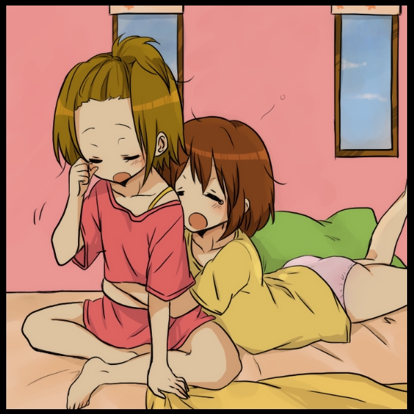 2girls, :o, ass, barefoot, bed, bed_sheet, black_border, blush
