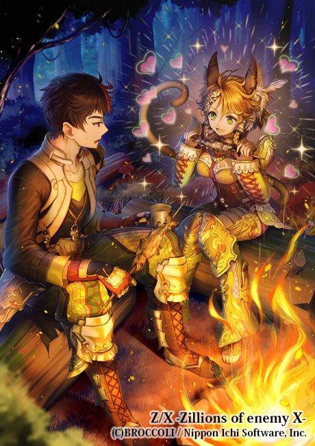 1boy, 1girl, animal_ears, black_hair, bonfire, branch, brown_hair, cat_ears, cat_girl, cat_tail, copyright_notice, cup, feuille_(z/x), fish_(food), forest, green_hair, grilled_fish, hair_ornament, hat, holding, holding_branch, holding_cup, kenbuchi_souma, multicolored_hair, nature, night, official_art, open_mouth, outdoors, red_hat, ronce, short_hair, sitting, sparkle, tail, z/x