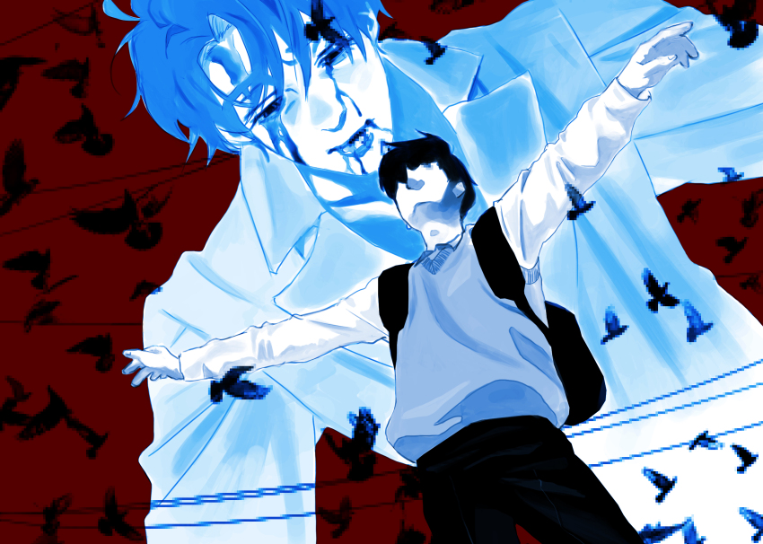 2boys, awl_inthe_world, backpack, bag, black_hair, blood, blood_from_mouth, bloody_tears