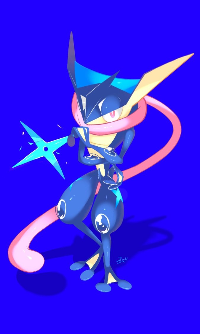 doro_xxx_desu, furry, gen_6_pokemon, greninja, holding, holding_shuriken, holding_weapon, long_tongue, looking_at_viewer, nintendo, pokemon, pokemon_(creature), pokemon_focus, red_eyes, shuriken, simple_background, solo, tongue, tongue_scarf, very_long_tongue, water, water_shuriken_(pokemon), weapon, webbed_feet, webbed_hands