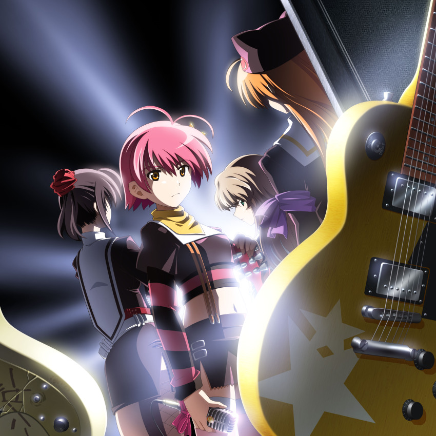 1boy, 3girls, absurdres, band_(music), brown_hair, crossdressing, guitar, hat