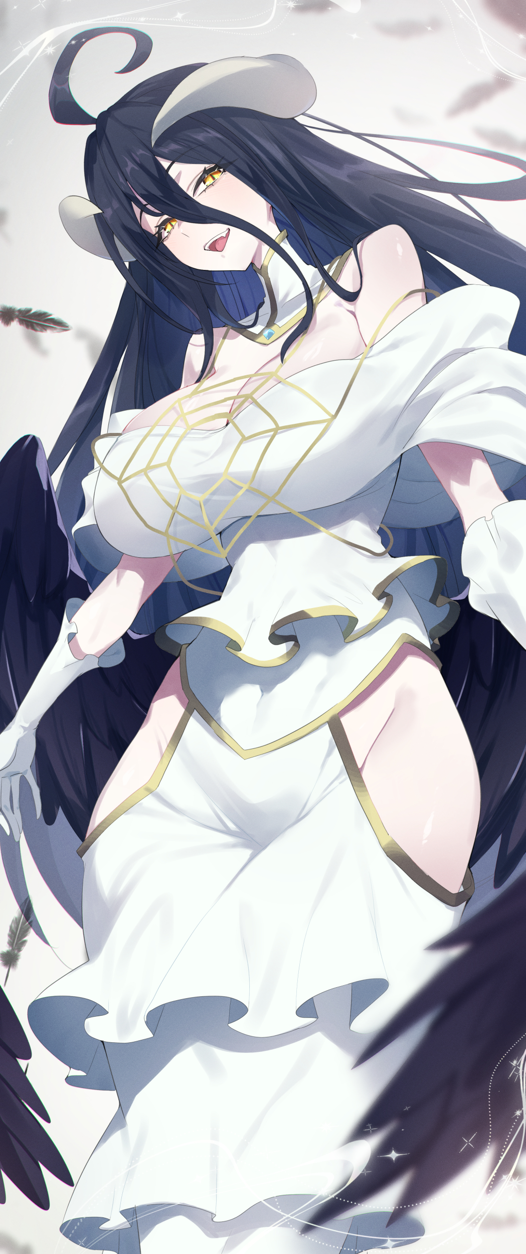 1girl, absurdres, ahoge, albedo_(overlord), bare_shoulders, black_feathers, black_hair, black_wings