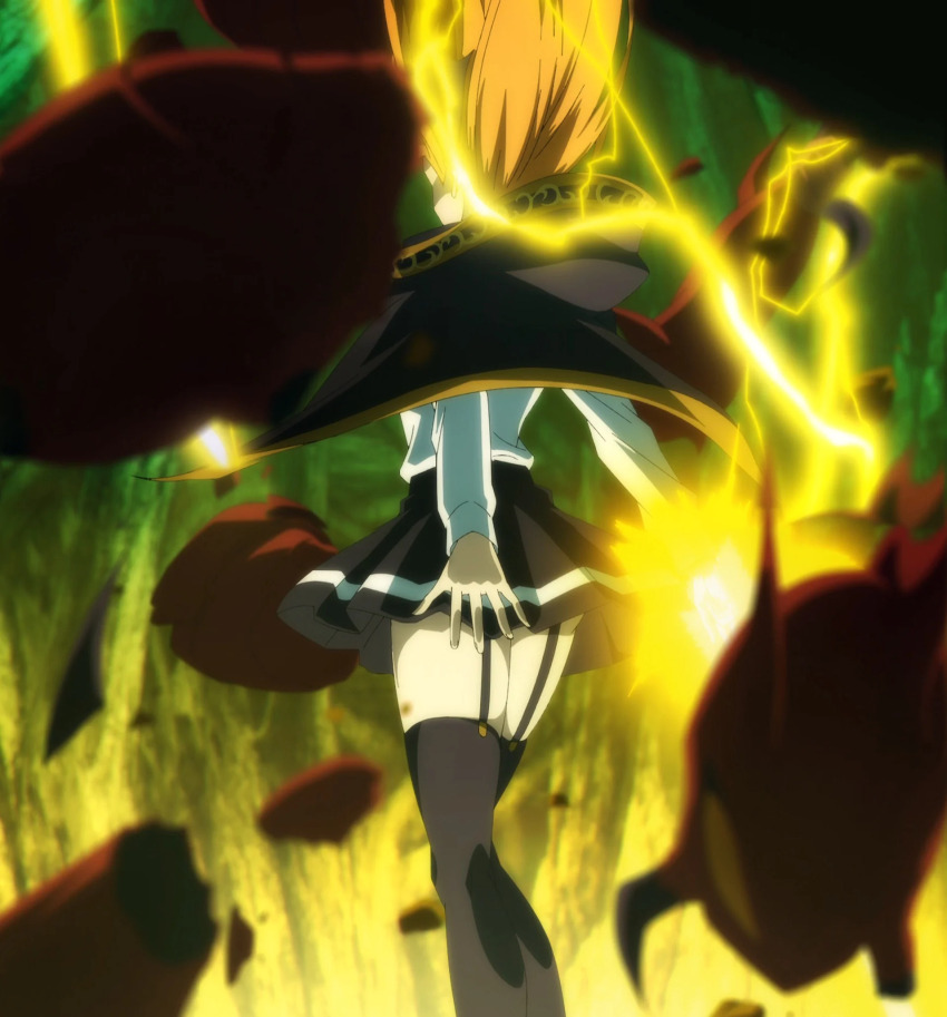 1girl, anime_screenshot, black_cape, black_capelet, black_garter_belt, black_garter_straps, black_skirt, black_socks