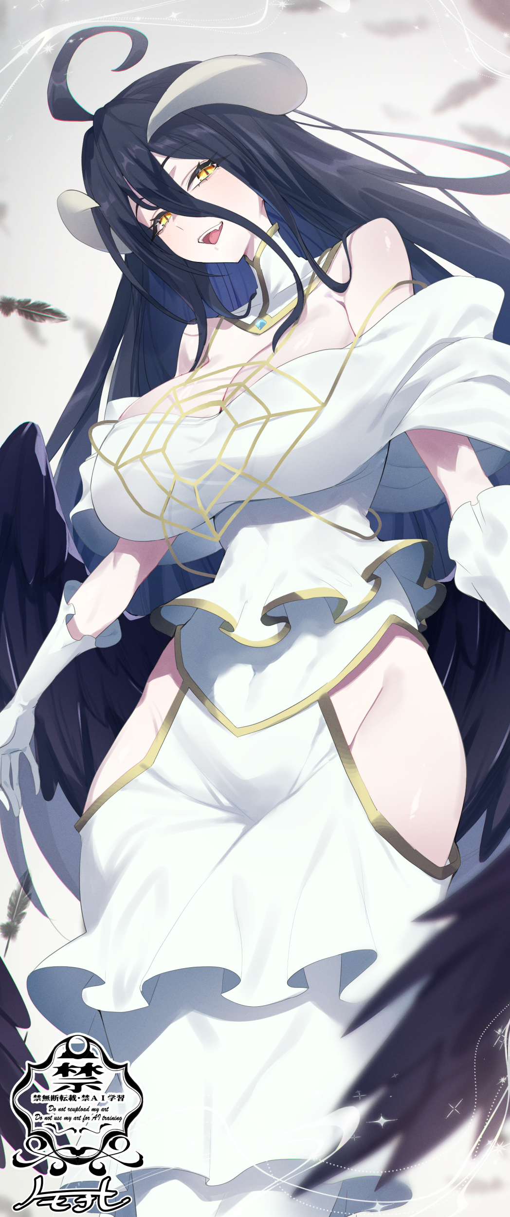1girl, absurdres, ahoge, albedo_(overlord), bare_shoulders, black_feathers, black_hair, black_wings