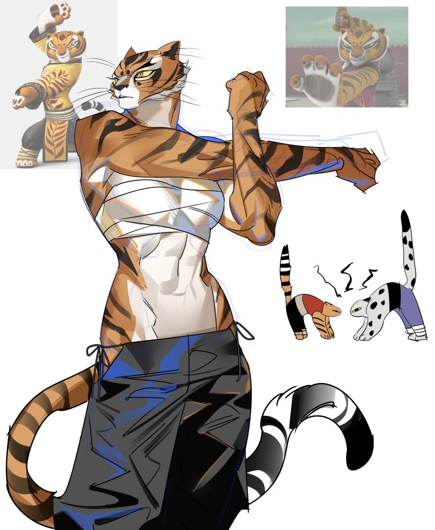 abs, absurdres, animal_ears, bare_shoulders, black_pants, chest_sarashi, clenched_hands, furry, furry_female, furry_male, highres, karmaho, korean_commentary, kung_fu_panda, muscular, muscular_female, pants, photo-referenced, sarashi, screencap, shade, sketch, snow_leopard_boy, stretching, tai_lung, tiger, tiger_ears, tiger_girl, tigress_(kung_fu_panda), toned, toned_female, white_background