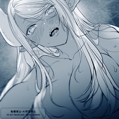 1girl, blurry_edges, blush, breasts, dark_skin, dashed_eyes, draph, g9l33, girl_on_top, granblue_fantasy, horns, kumbhira_(granblue_fantasy), large_breasts, lowres, monochrome, nude, open_mouth, pointy_ears, pov, solo, sweat, watermark