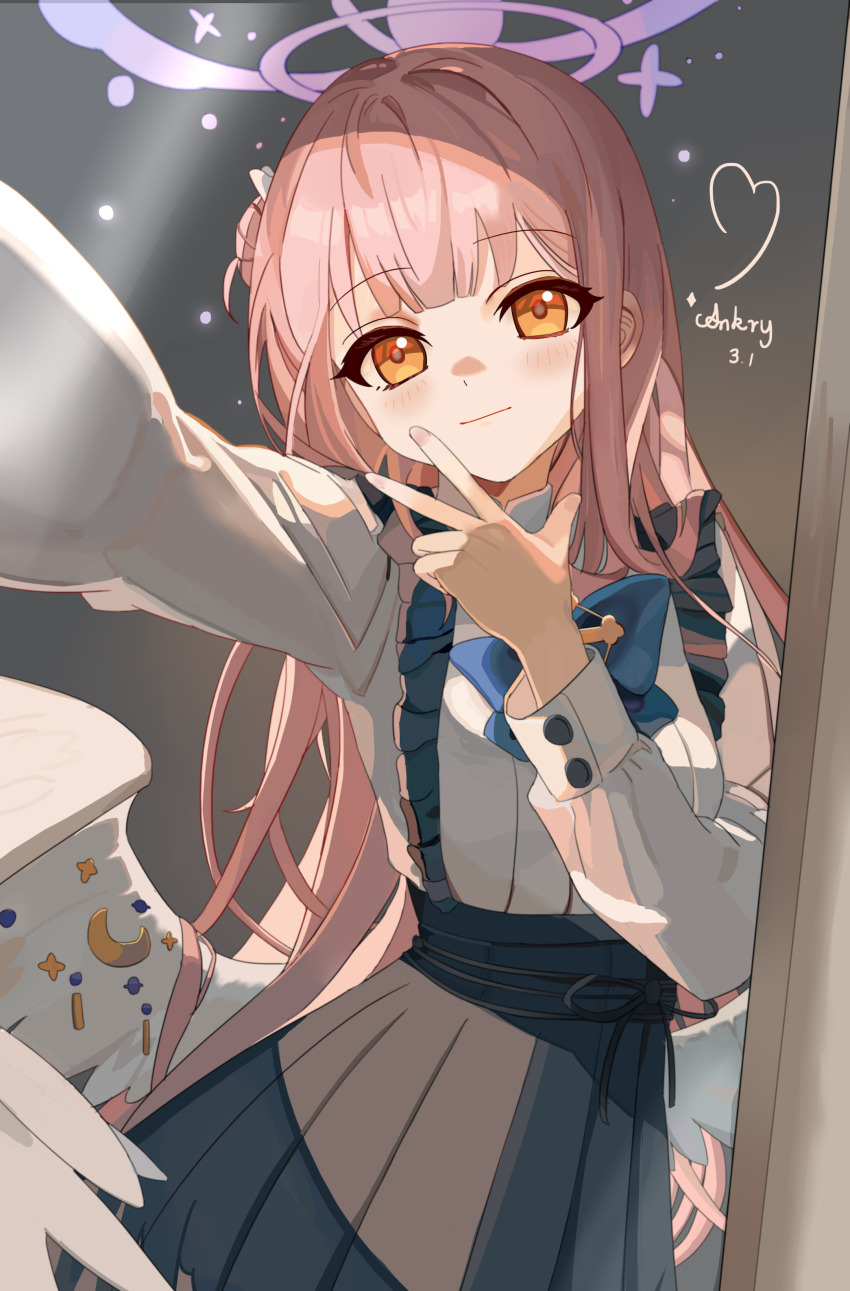 1girl, absurdres, alternate_costume, ankry, artist_name, black_skirt, blue_archive, blue_bow