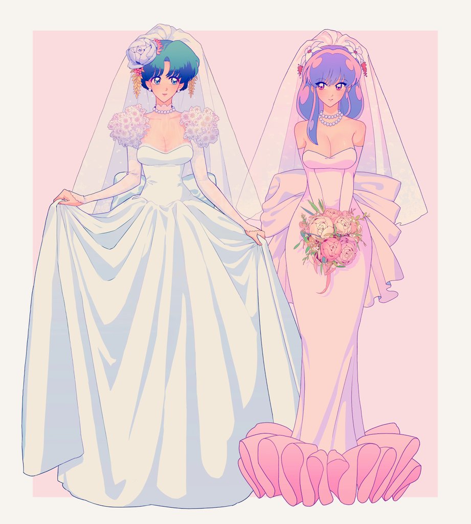 2girls, aqua_hair, bare_shoulders, blue_eyes, border, bouquet, breasts, bridal_veil, bride, cleavage, commentary_request, detached_sleeves, dress, elbow_gloves, female_focus, flower, full_body, gloves, hair_flower, hair_ornament, hair_over_shoulder, holding, holding_bouquet, holding_own_dress, jewelry, jigyeon, korean_commentary, large_breasts, long_dress, long_hair, looking_at_another, multiple_girls, multiple_necklaces, necklace, pearl_necklace, pink_background, pink_dress, pink_eyes, purple_hair, ranma_1/2, shampoo_(ranma_1/2), short_hair, sideways_glance, simple_background, single_sidelock, smile, straight-on, strapless, strapless_dress, tendou_akane, veil, wedding_dress, white_border, white_dress, wife_and_wife, yuri