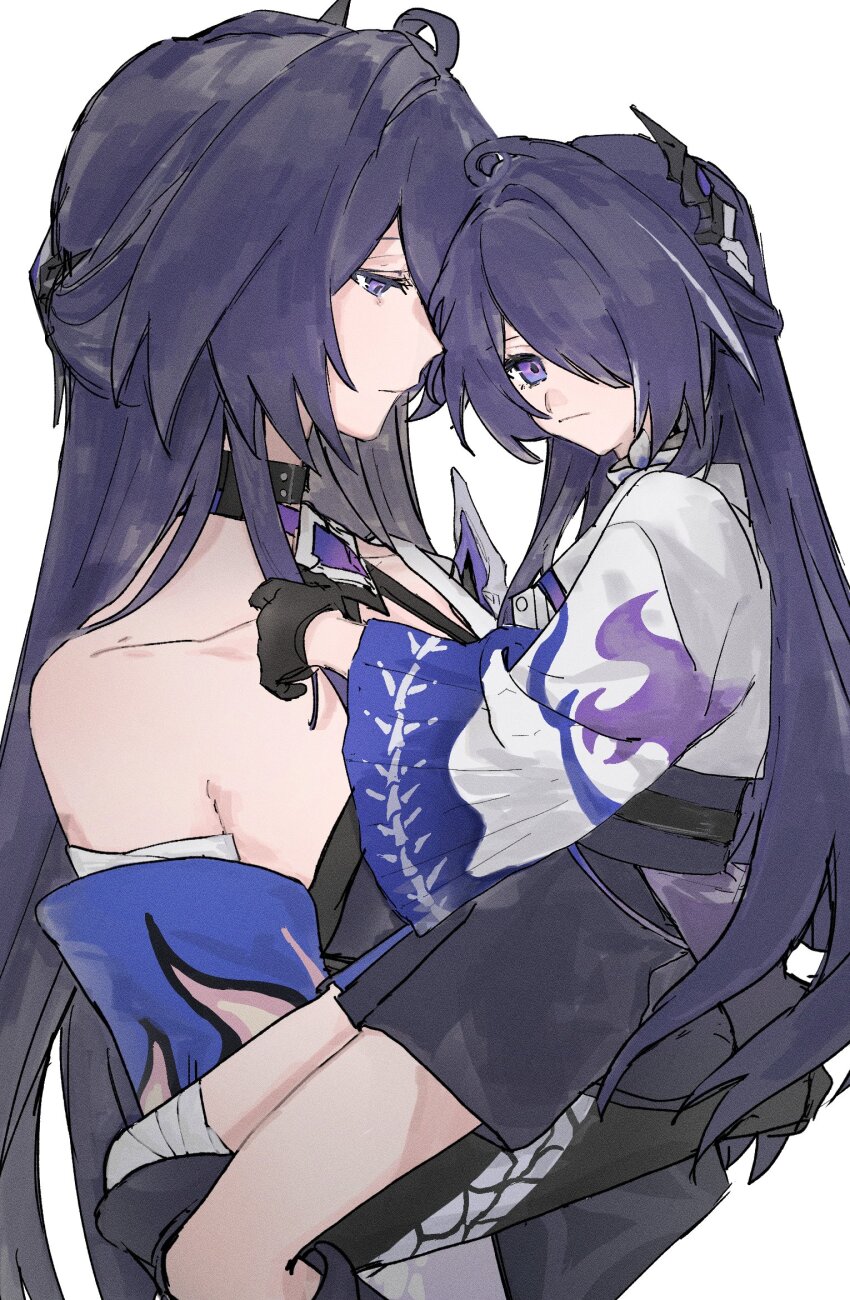 2girls, acheron_(honkai:_star_rail), age_difference, aged_down, armor, bare_shoulders, black_gloves, black_shorts