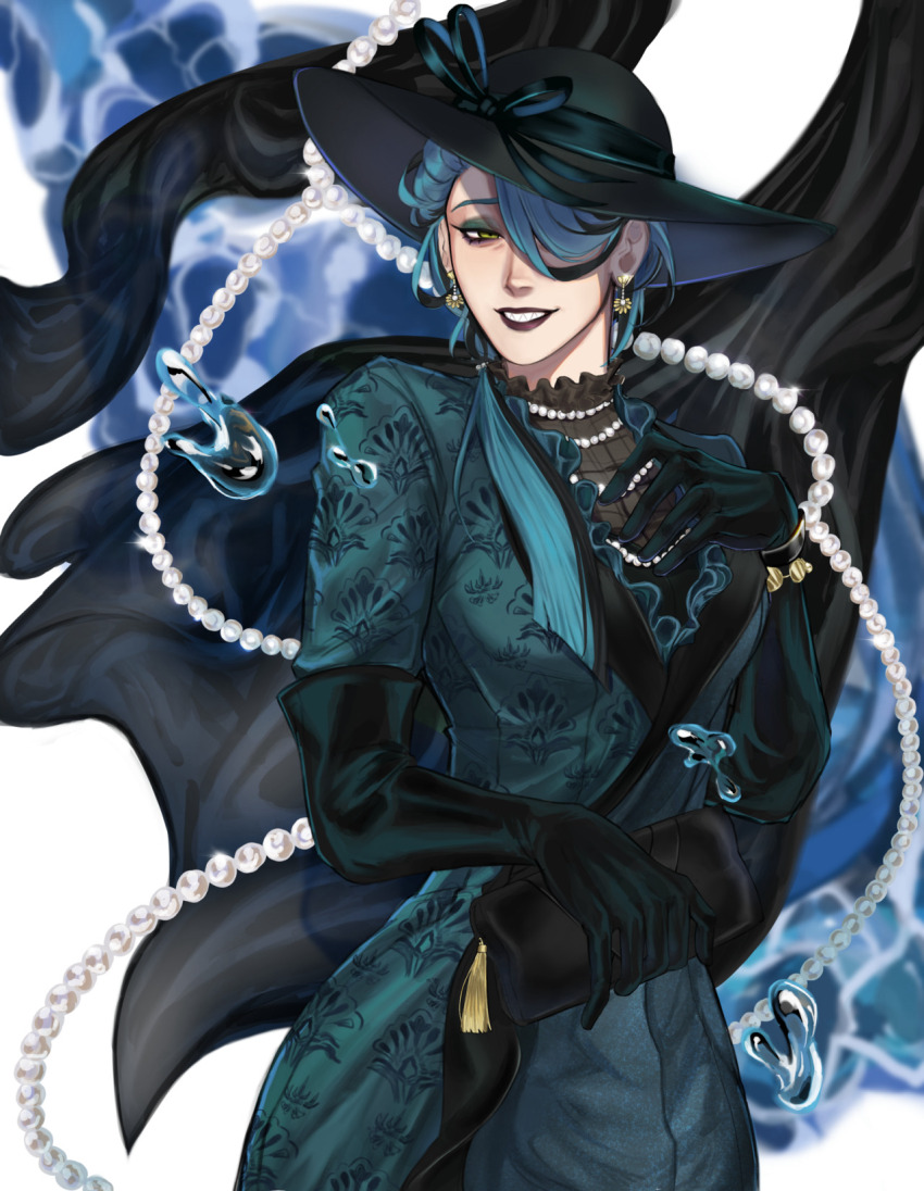 1girl, bag, black_gloves, black_hair, black_hat, blue_hair, bracelet, earrings