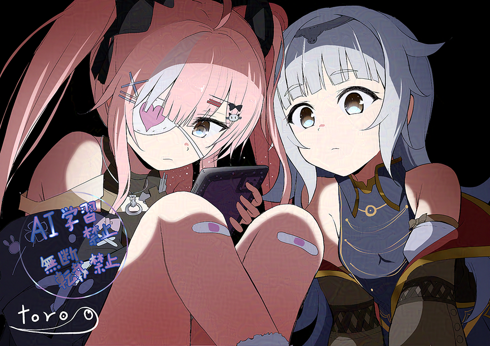 2girls, azur_lane, bandaid, bandaid_on_knee, bandaid_on_leg, bare_shoulders, black_ribbon, cellphone