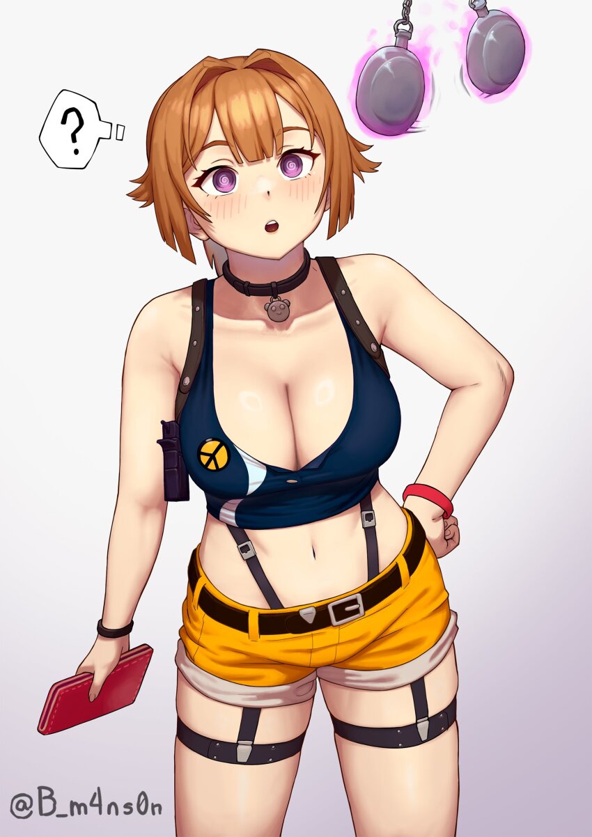 1girl, :o, ?, @_@, absurdres, bare_arms, bare_shoulders, belt