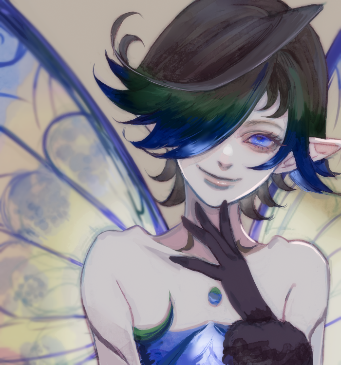 1girl, bare_shoulders, black_hair, blue_eyes, fairy, fairy_wings, final_fantasy, final_fantasy_xiv