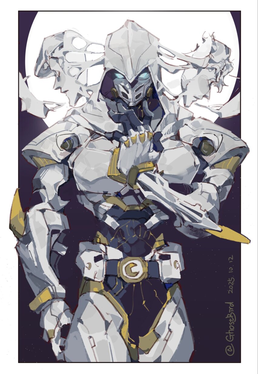 1boy, bodysuit, cape, closed_mouth, cowl, crescent, crescent_ornament, gloves, glowing, glowing_eyes, highres, hood, hood_up, hooded_cape, looking_at_viewer, male_focus, marc_spector, marvel, marvel_rivals, mask, moon, moon_knight, multiple_boys, multiple_persona, short_hair, solo, steven_grant, superhero_costume, white_cape, white_gloves, white_mask, xingji20108