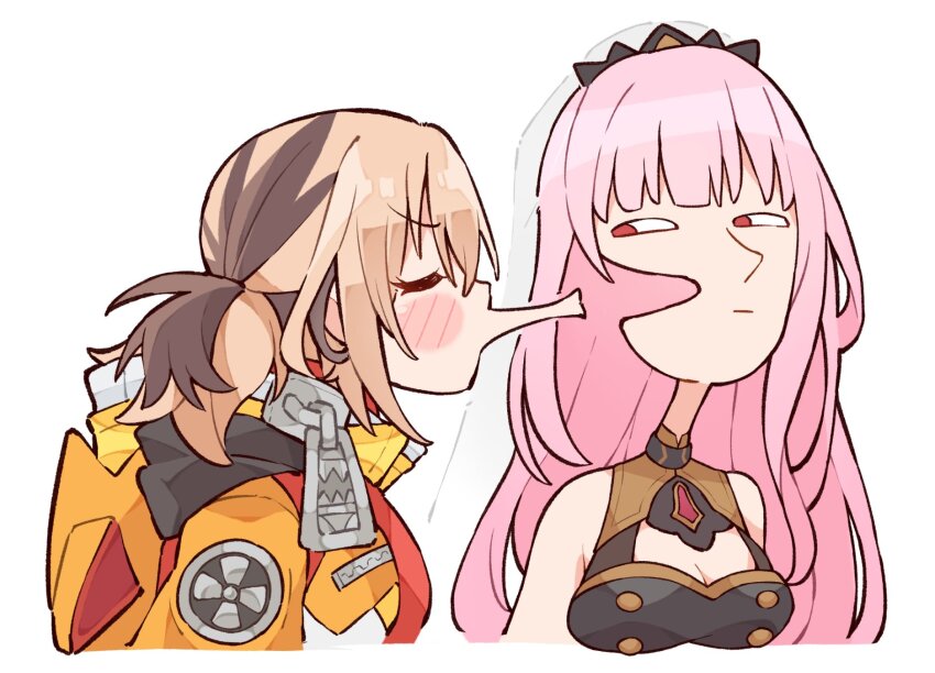 2girls, :|, blush_stickers, breasts, brown_hair, cleavage, closed_mouth, commentary