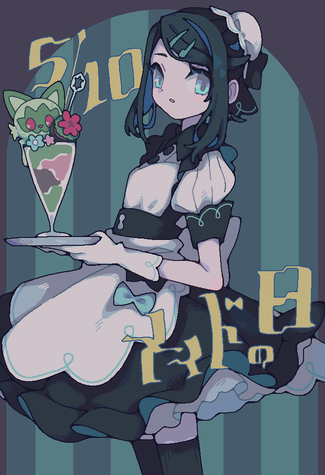 1girl, :o, alternate_costume, apron, aqua_background, black_dress, black_hair, blue_eyes